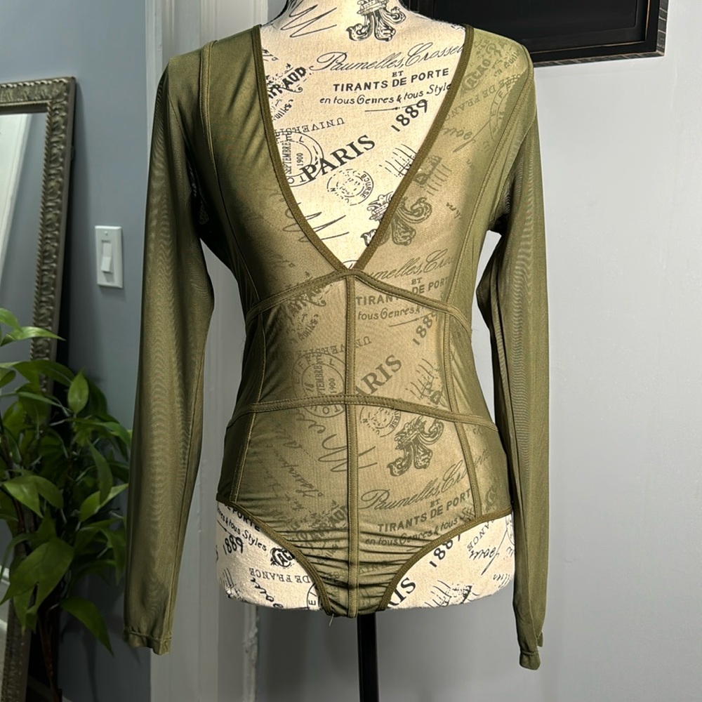 Windsor Olive Green V-Neck See Through Sheer Bodysuit L
